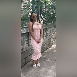 SHEIN Pink Floral Strapless Midi Dress